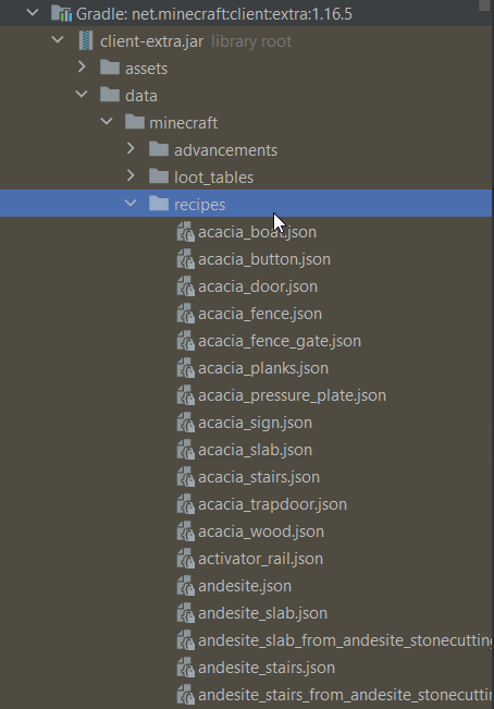 Showing the location of minecraft vanilla json files. 